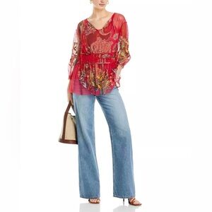 Johnny Was Feather Lark Mesh Blouse Multi-color Floral Paisley Overlay w/Cami XS